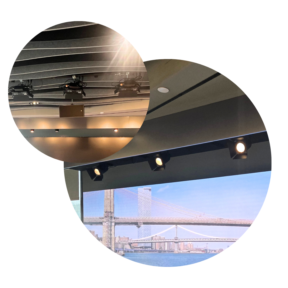 Two photos of lighting design in a broadcast studio environment. IVCi
